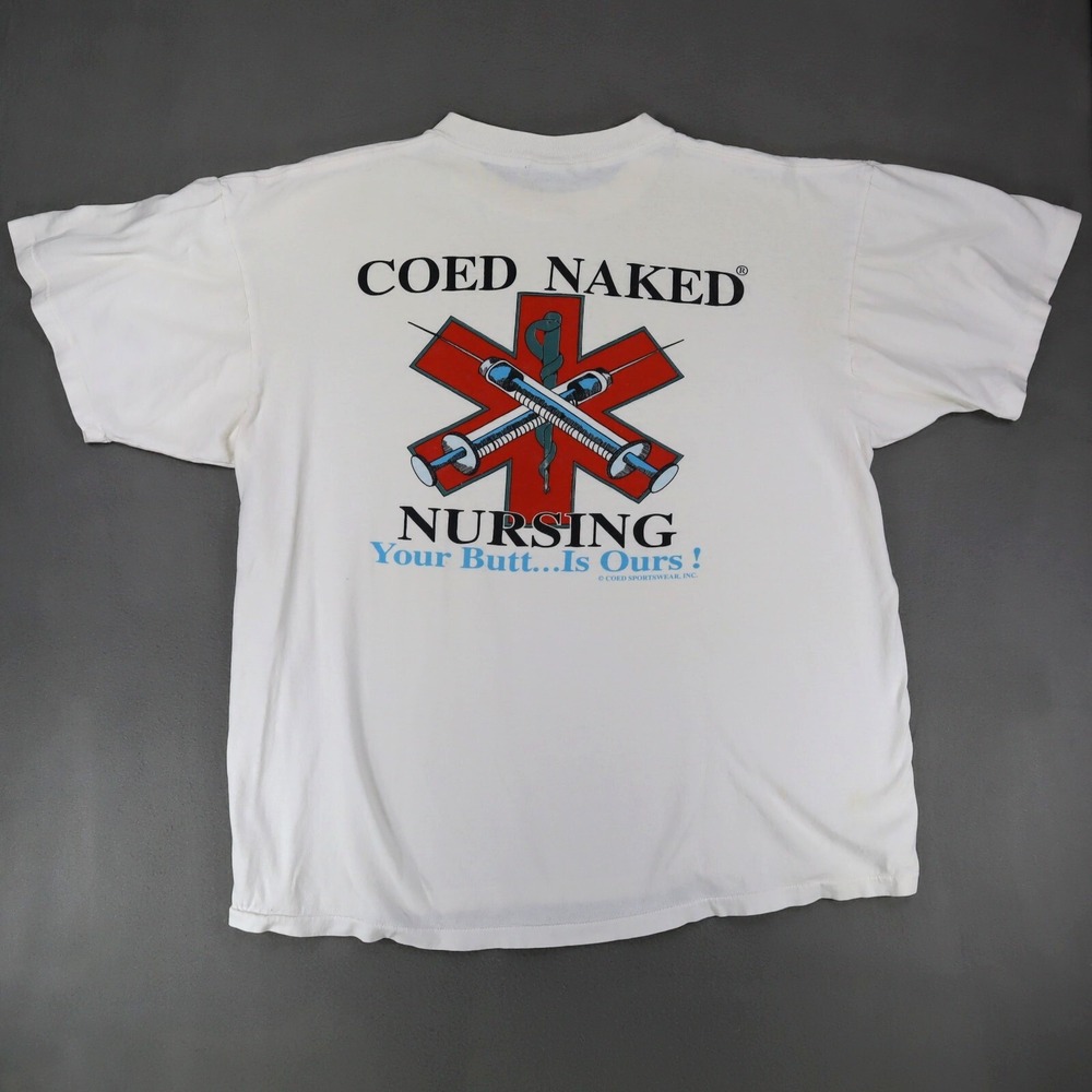Vintage 90s Coed Naked Sportswear Nursing Distressed‎ T Shirt XL Parody